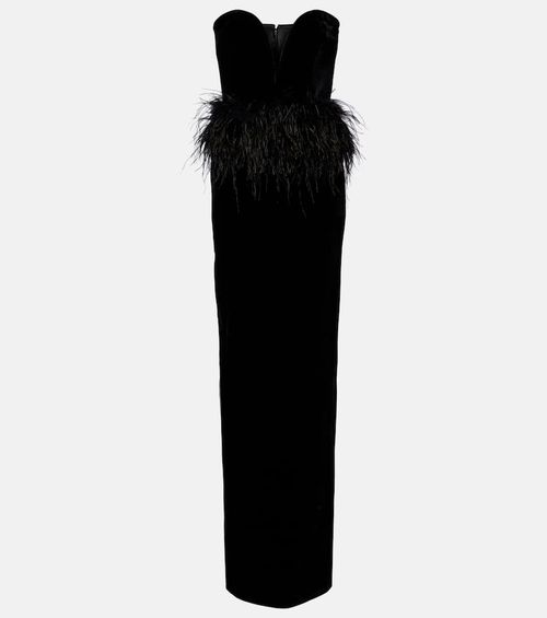 Feather-trimmed strapless velvet gown