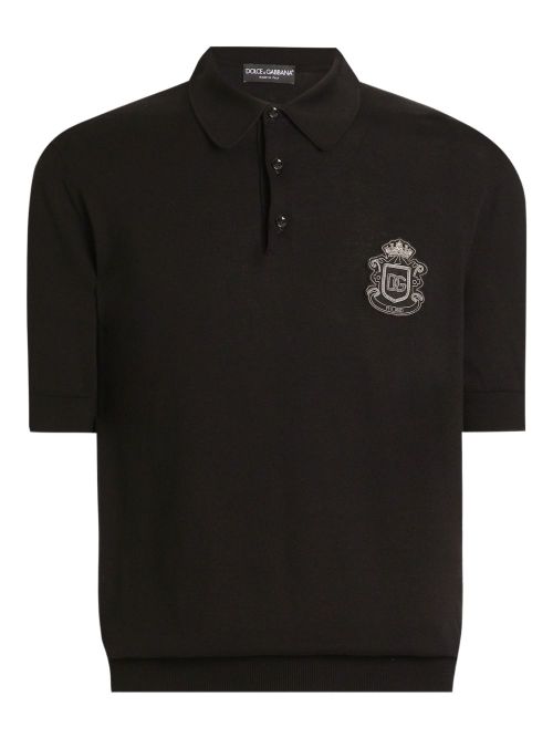 Button-Front Short-Sleeve T-Shirt with Ribbed Hems and Lurex Embroidery