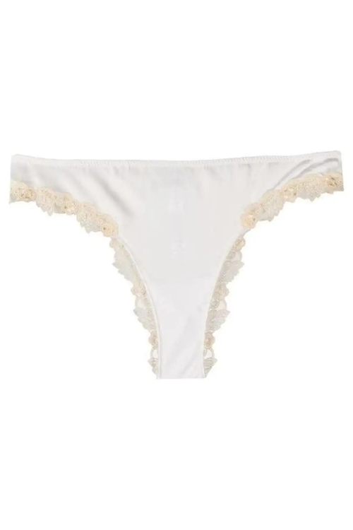 Silk Satin with Hand-Embroidered Frastaglio Thong — White