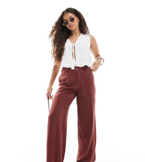 Miss Selfridge Petite linen blend tailored wide leg trousers in burgundy