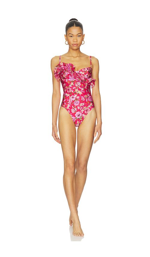 PatBO Peony Print Lycra Ruffle Bodysuit in Red. - XS also in S