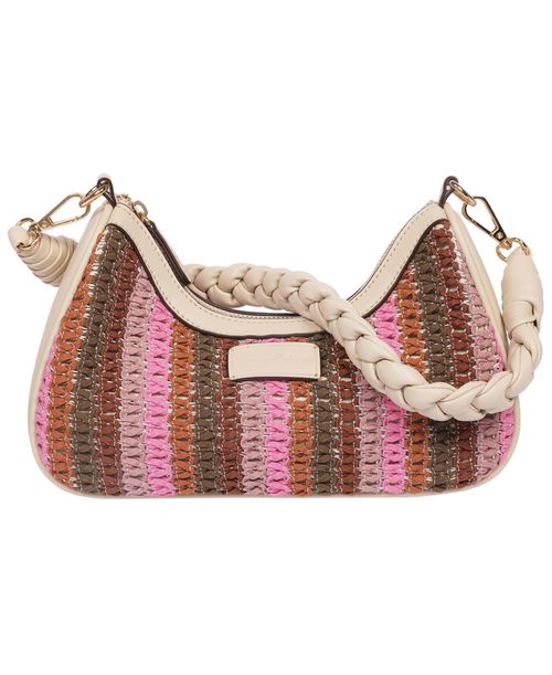 Woven Ribbon Zip Top Hobo Bag â Striped Woven Shoulder Bag with Braided Strap - Cream