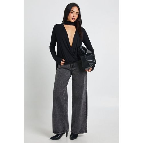 Boohoo Womens Plunge Wrap Long Sleeve Top With Scarf - Black Cotton