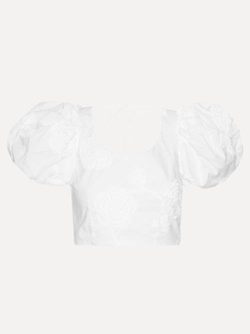 Puff Sleeve Cotton Top with Embroidered Flowers and Lace-Back Closure