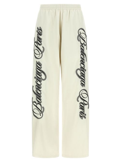 Cursive-Embroidered Polyamide Joggers — Beige