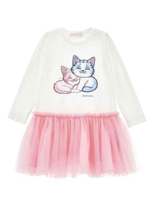 Cat-illustration tulle dress - White