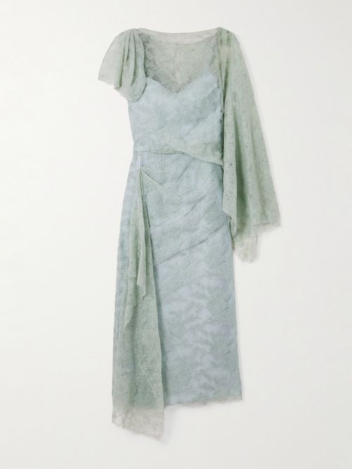 Asymmetric Draped Crepon-trimmed Embroidered Tulle Midi Dress - Green