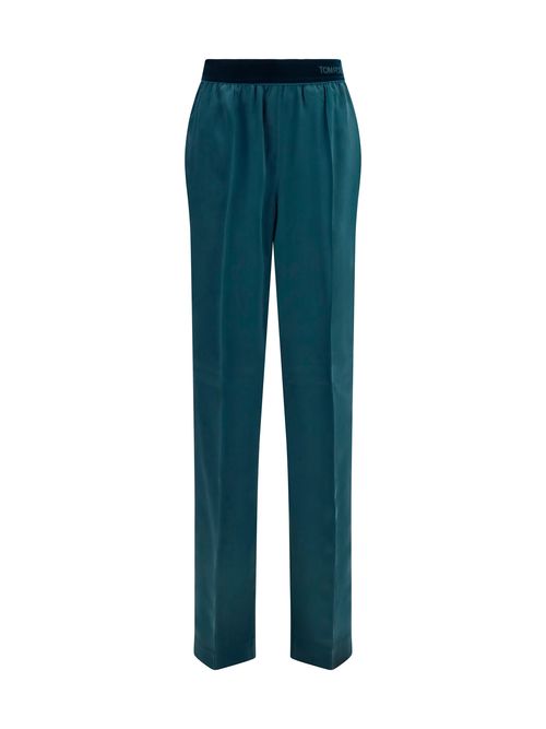 Stretch Silk Satin Trousers — Teal