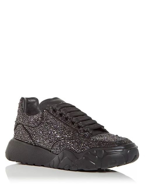 Mens Black Rhinestone Embellished Low Top Court Sneakers