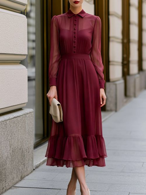 Button-Front Chiffon Layered Ruffle Midi Dress - Burgundy