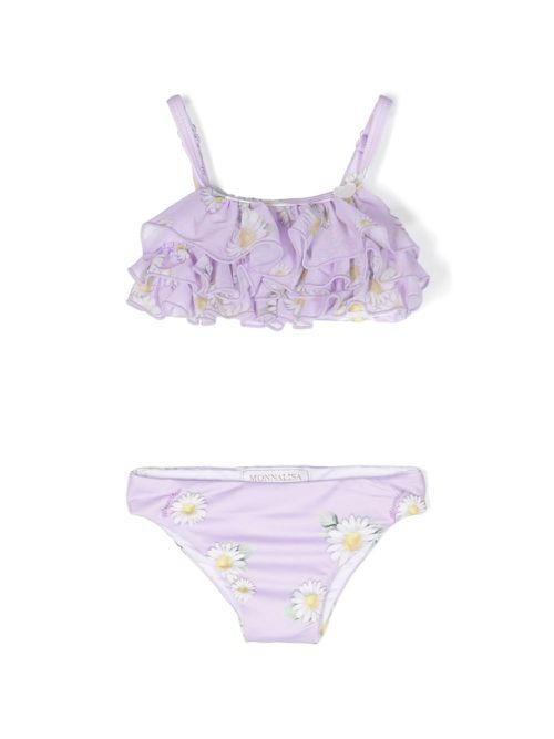 Daisy-print ruffled bikini set - Purple