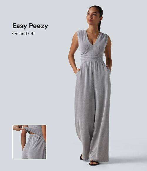 V Neck Sleeveless Built-in Bra Stripe Casual Jumpsuit with Pockets-Easy Peezy Edition  - Misty Seersucker