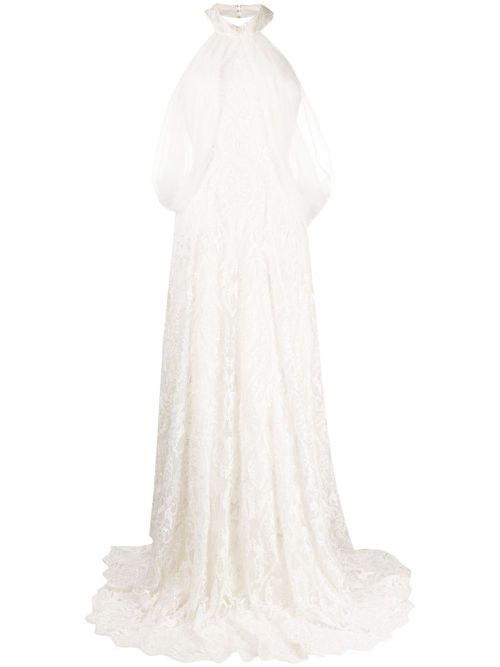 Halter-neck tulle beaded dress - White