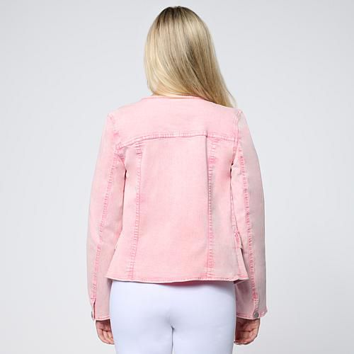 Snow Wash Collarless Denim Jacket - Tan