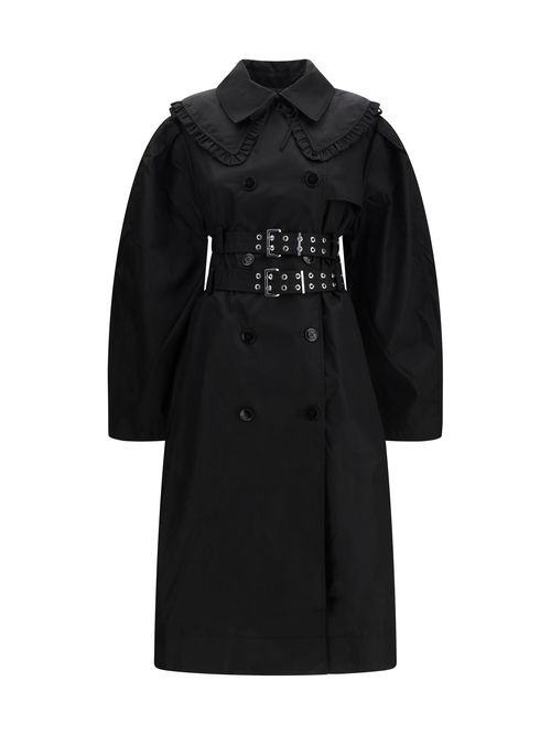 Belted Double-Breasted Nylon Coat — Black