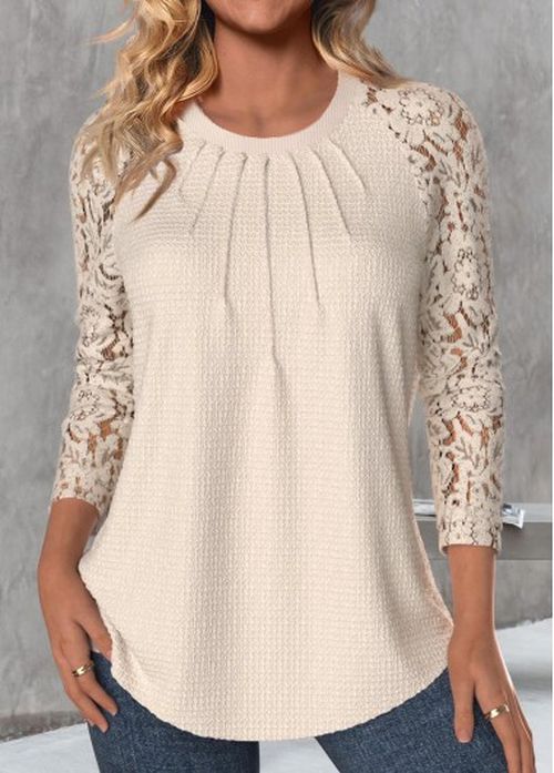 Modlily Skin Color Lace Long Sleeve Round Neck T Shirt