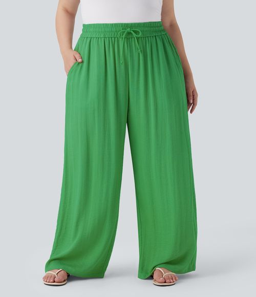 High Waisted Drawstring Linen-Feel Wide Leg Casual Plus Size Pants with Pockets  - Kelly Green
