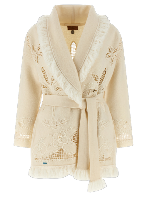 Hand-Embroidered Virgin Wool Cardigan — White