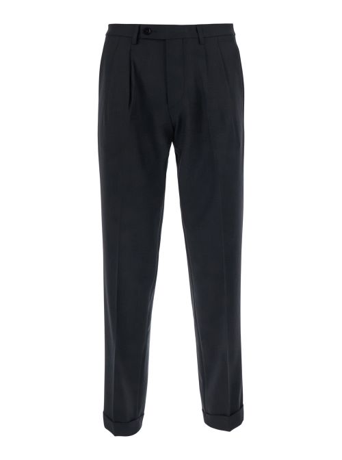 Double-Pleated Wool Blend Trousers — Black
