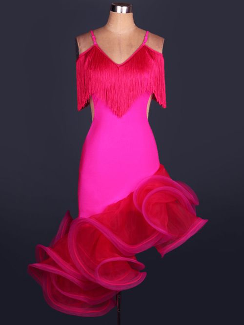 Dance Costumes Latin Dancer Dresses Organza V Neck Spaghetti Strap Fringes Cut Out Irregular Hem Bodycon Dancing Clothes Hallloween