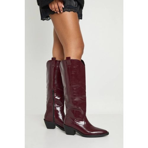 Boohoo Women's Western Cowboy Mid Heel Boots in Burgundy