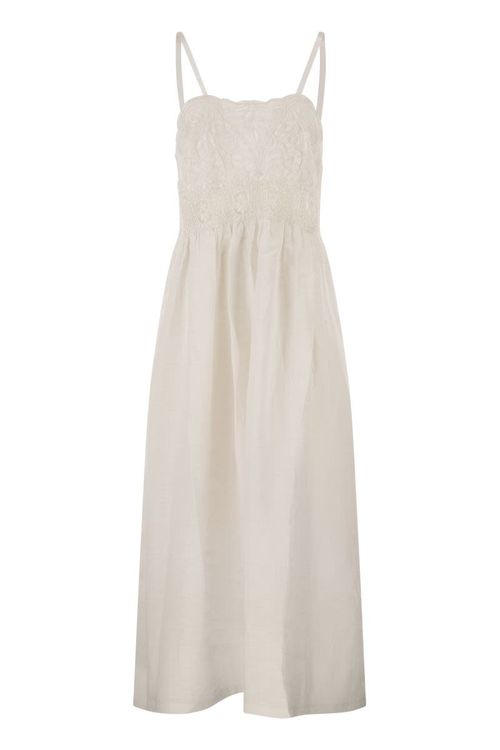 Maurizio Mykonos Long Linen Dress With Embroidered Bodice And Slim Strap