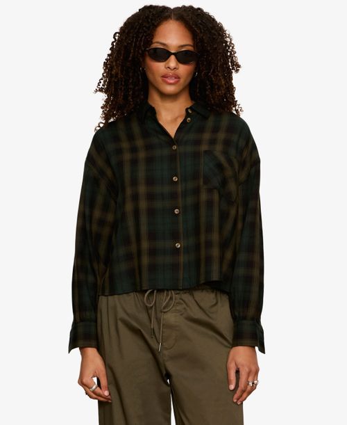 Petite The Autumn Edit Flannel Cropped Button-Up Shirt - Forest Plaid