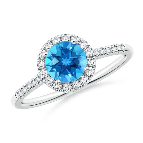 Angara 0.95 Carat Round Swiss Blue Topaz Halo Ring with Diamond Accents in Platinum
