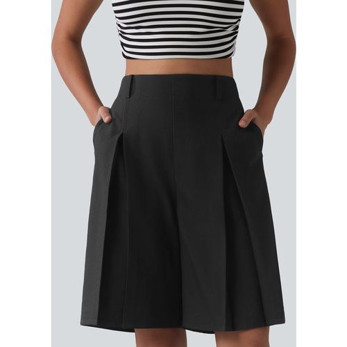 Halara Wrinkle-resistant High Waisted Invisible Zipper Pleated Linen-Feel Casual Bermuda Baggy Shorts with Pockets - Black