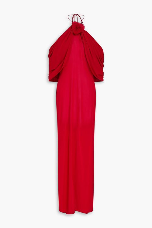 Cold-shoulder floral-appliquéd silk-blend georgette gown - Red - FR 38