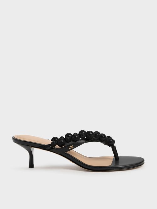 Charles & Keith - Leather Beaded Thong Kitten Heels