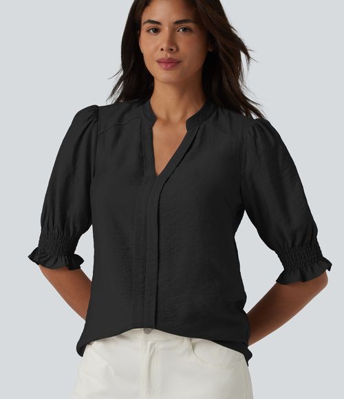 V Neck Puff Short Sleeve Casual Blouse  - Black