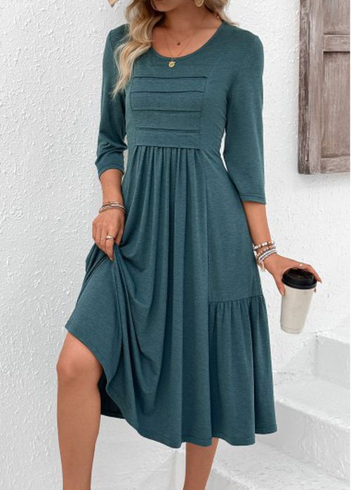Modlily Turquoise Zipper 3/4 Sleeve Round Neck Dre