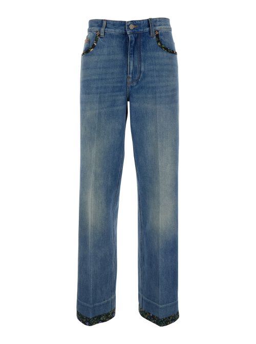 Floral-Trimmed Jeans — Blue