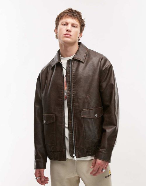 Topman faux leather A2 jacket in brown