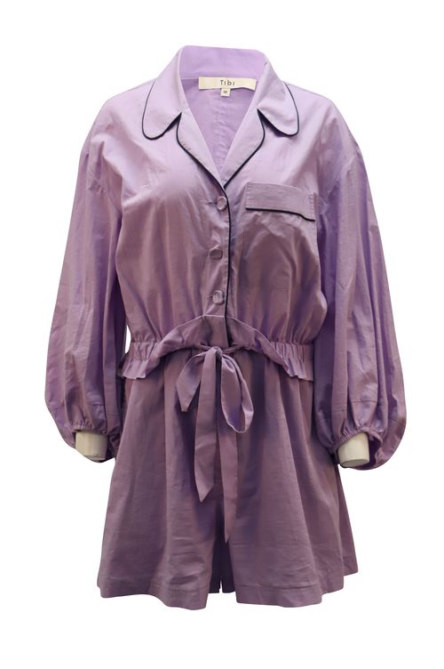 Baptise Pajama Romper with Waist Tie in Purple Cotton