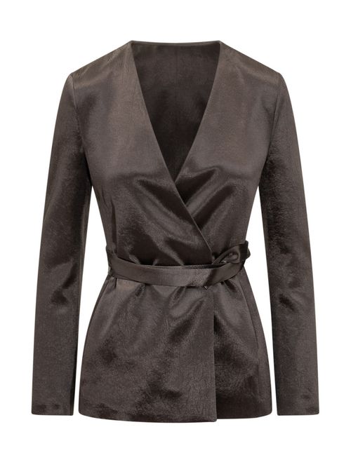Brown Solid V Neck Blazer