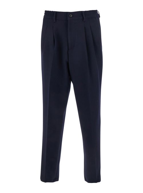 Elastic Waist Cotton Trousers — Navy