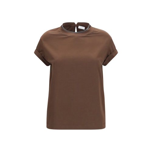 Monili-Trimmed Cotton T-Shirt — Brown