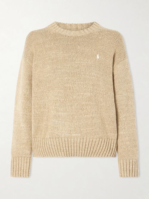 Embroidered Intarsia-knit Cotton Sweater - Neutrals