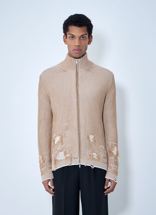 Distressed Ribbed High-neck Sweater