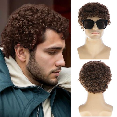 Men's Wigs Brown Small Curly Short Hair Wigs Wool Curls Men Wig