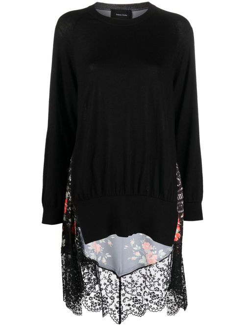 Panelled asymmetric lace-trim top - Black