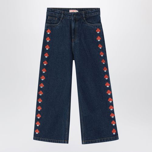 Dark blue jeans with embroidered mushrooms