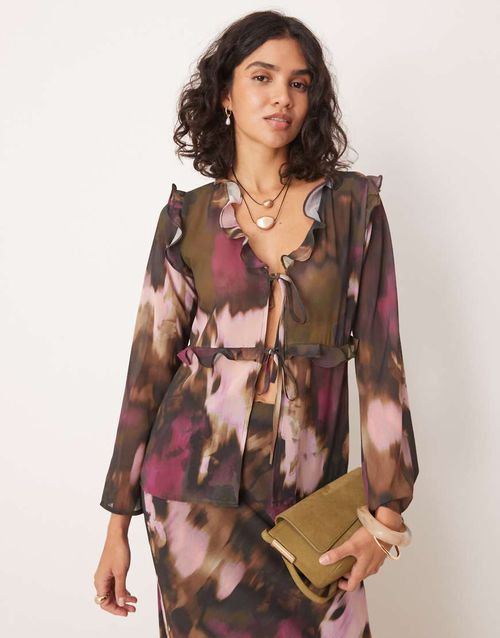 Long sleeve ruffle top co-ord in abstract print-Multi