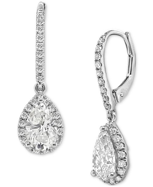 Lab Grown Diamond Pear Halo Leverback Drop Earrings (2-1/2 ct. t.w.) in 14k White Gold - White