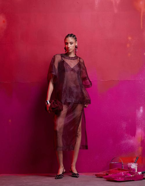 ASOS DESIGN organza boxy tee 2 in 1 dress with midi cami slip in burgundy-Red