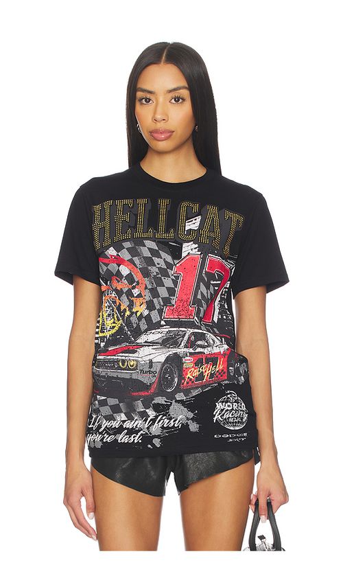REASON Dodge Hellcat Rhinestone Tee in Black. L. Also in M, S, XL/1X