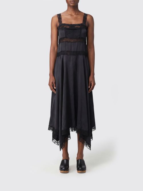 Asymmetric Silk Midi Dress with Lace Inserts