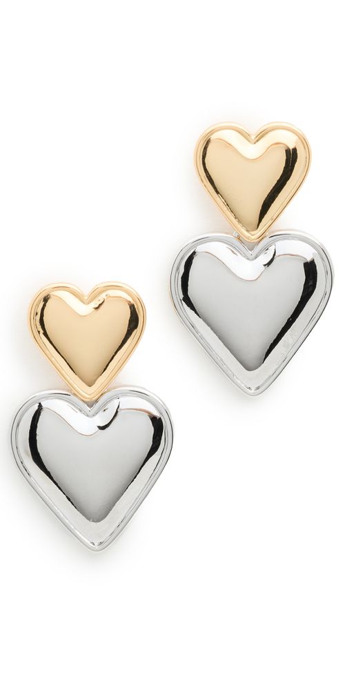Two Tone Double Heart Drop Stud Earrings Gold One Size